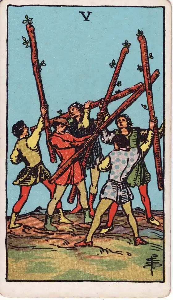 Cinco de Bastos, carta del tarot Rider-Waite-Smith