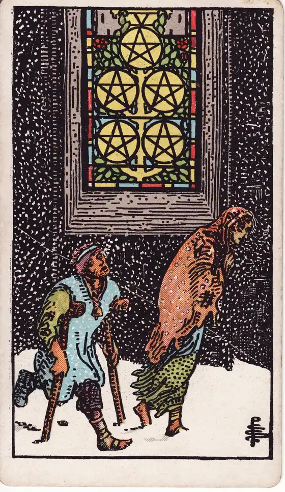 Cinco de Oros, carta del tarot Rider-Waite-Smith