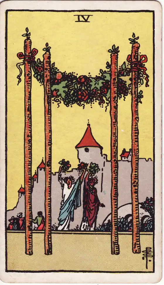 Cuatro de Bastos, carta del tarot Rider-Waite-Smith