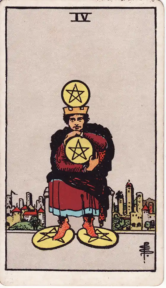 Cuatro de Oros, carta del tarot Rider-Waite-Smith