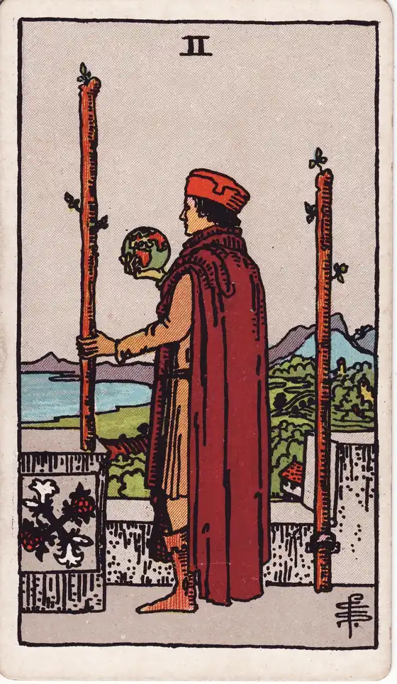 Dos de Bastos, carta del tarot Rider-Waite-Smith