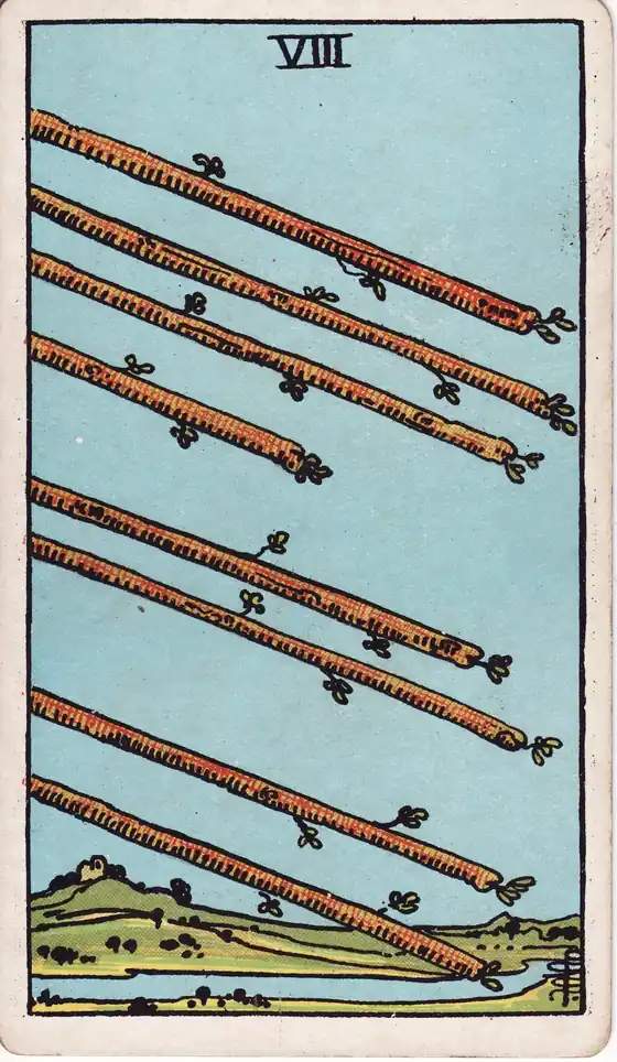 Ocho de Bastos, carta del tarot Rider-Waite-Smith