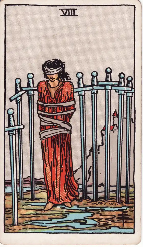 Ocho de Espadas, carta del tarot Rider-Waite-Smith