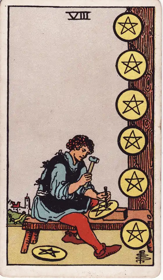 Ocho de Oros, carta del tarot Rider-Waite-Smith