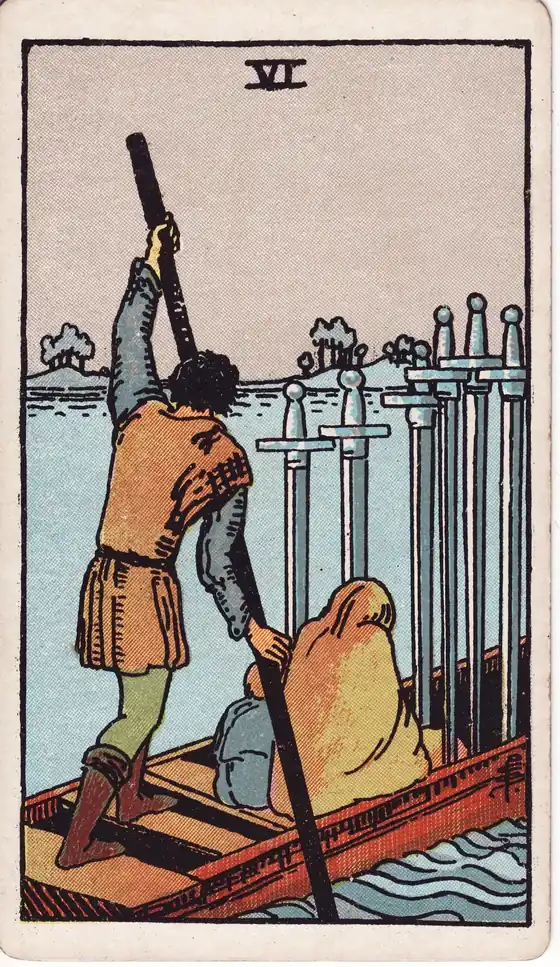 Seis de Espadas, carta del tarot Rider-Waite-Smith