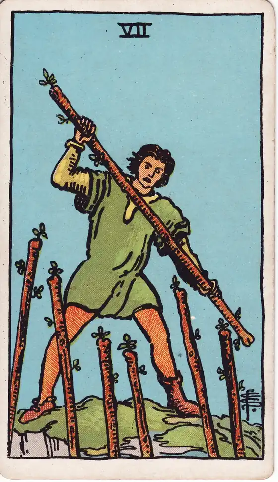 Siete de Bastos, carta del tarot Rider-Waite-Smith