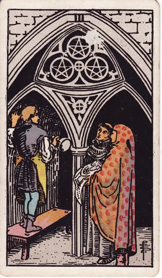 Tres de Oros, carta del tarot Rider-Waite-Smith